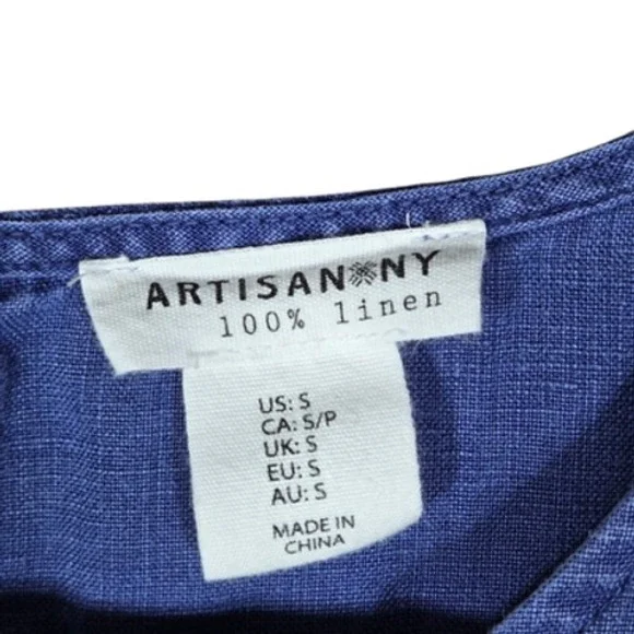Artisan NY Blue Linen Dress S Summer Flutter Sleeve Mini Dress with Pockets - Picture 6 of 12